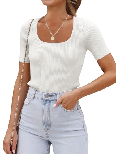 Eniloyal Tshirt Damen Weiss Basic Shirts Enges Elegant Einfarbige T-Shirts Sommer Kurzarm Oberteile Eckiger Ausschnitt Business Outfit Weiß L