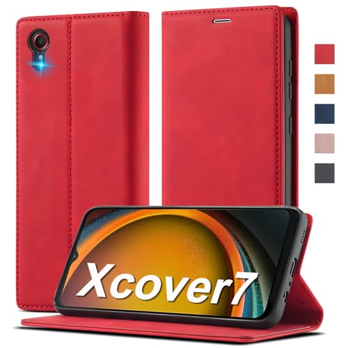 Ailicici Handylader für Samsung Galaxy Xcover 7, Leder Flip Wallet Case mit Magnetverschluss, Ständer, Rot
