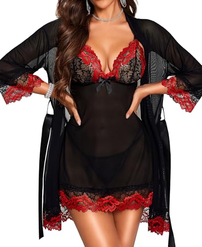 RSLOVE Sexy Dessous für Damen Spitzen-Babydoll mit Morgenmantel Nachtkleid Nachtwäsche Schwarz Rot L