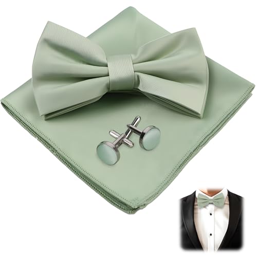 THKO Fliege Herren Mit Taschentuch Manschettenknöpfe Set, Aus Grüner Seide Elegantes Herren Set Mit Grüner Seidenfliege Seidig Grünem Taschentuch Und Stilvollen Manschettenknöpfen
