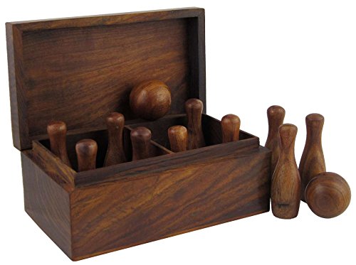 Ajuny Handgefertigtes Set aus Holz mit 10 Bowling Kegeln à 2,25 Zoll und 2 Mini Bowling Schalen à 1,25 Zoll, Spiel für Erwachsene und Kinder Heim Büro Schreibtisch Spielzeug Geschenk