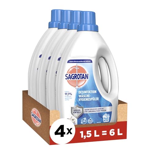 Sagrotan Wäsche-Hygienespüler Himmelsfrische – Desinfektionsspüler für hygienisch saubere und frische Wäsche – 4 x 1,5 l Reiniger im praktischen Vorteilspack