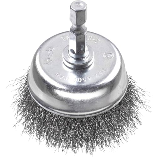 kwb Topf-Bürste grob, gewellt, HSS-Stahldraht, Ø 75 mm für Metall und Stein, Drahtbürste für Bohr-Maschine inkl. E6.3 Sechskant-Schaft, zum Entrosten, Entzundern, Aufrauen und Reinigen