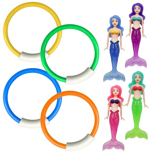POPAPIE 8 Stück Tauchspielzeug für Kinder Meerjungfrau Tauchspielzeug Pool Spielzeug Tauchringe für Kinder Unterwasser Tauchring Set für Tauchtraining Schwimmspielzeug