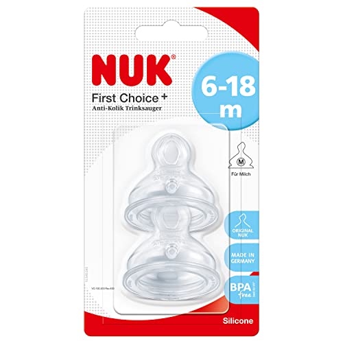 NUK First Choice+ Anti-Colic-Trinksauger Silikon | kiefergerechte NUK Form | Größe 2 (6-18 Monate) M für Milch | 2 Stück