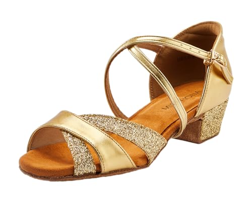 Mädchen Salsa Tanzschuhe Kinder Glitzer Latein Tango Ballsaal Schuhe mit Weiche Sohlen(29 EU,Gold)