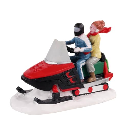 LEMAX Winter-Sport-Figurine: Schneemobilfahrer und Beifahrer auf rotem Schneemobil mit großen schwarzen Skiern, Polierter Kunststoff in modernem Design, 2021, 7.4x10.5x5.3 cm