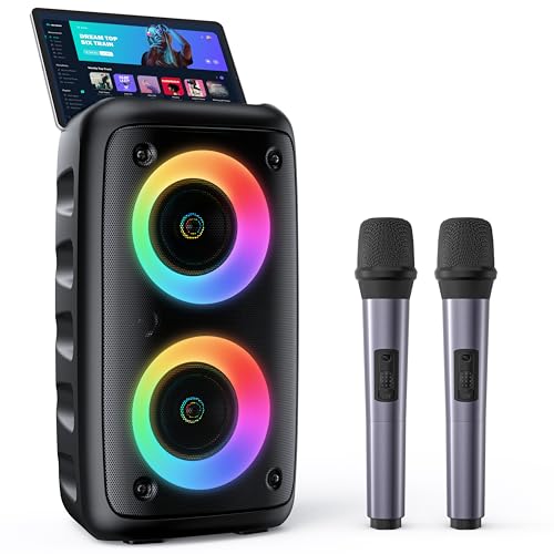 Karaoke Maschine, Karaoke Anlage Mit 2 Mikrofonen, Tragbare Karaoke Maschine Mit 2 Drahtlosen Mikrofone, Bluetooth Lautsprecher Box Für Erwachsene/Kinder Mit Led Lichteffekte, Black