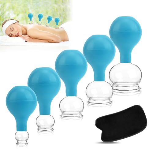 5 Stück Schröpfglas mit Saugball, Schröpfen Silikon, 22mm 34mm 42mm 54mm 62mm Cupping set mit Faszienschaber, Feuerlosen Schröpfen Starker Saugleistung für Gezielte Entspannung