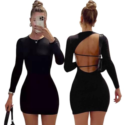AOWVUTS Kleid Damen Sexy Langarm Rundhals Minikleid Rückenfrei Kleid Kurzes Hip-Hugging Bodycon Kleider Elegant Figurbetontes Wickelkleid Club Cocktail Party Kleid Abendkleid
