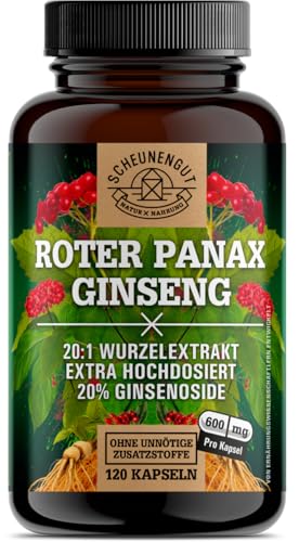 Ginseng Kapseln 1800mg -WICHTIG: 20:1 Roter Panax Extrakt (=36000mg Ginsengwurzel je Tagesdosis) -maximale Bioverfügbarkeit +20% Ginsenoside- Panax Ginseng Kapseln DE SCHEUNENGUT®
