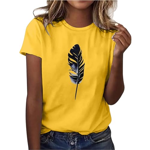 Damen T-Shirt lässig kurzärmelig mit 3D-Feder-Druck Rundhalsausschnitt atmungsaktiv bequem für Frühling Sommer Casual Oberteil (Yellow, M)