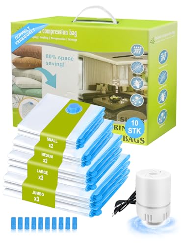 NATNAV 10 Stück Vakuumbeutel für Kleidung mit Elektrischer Luftpumpe - 3 x Jumbo, 3 x Groß, 2 x Mittelgroß, 2 x Klein, Reißverschluss, Durchsichtig für Reisen, Umzug, Kleidung Bettdecken Aufbewahrung
