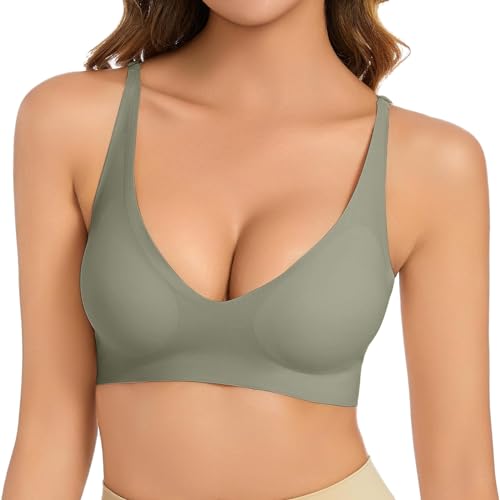 BH Ohne Bügel Push Up für Kleine Brust,Schwangerschaft Kleidung Bra,V-Ausschnitt, Bequem, Weicher BH, Push-Up, Nahtloser BH, Leicht Gepolsterte Brüste,Bequeme Nahtlose Sport&Schlaf&Yoga (Green, M)