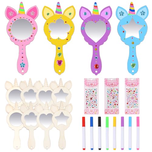 Moosono DIY Holzspiegel Handwerk, 12 Stücke Einhorn Basteln Kosmetikspiegel Kinder, Holz Bastelset Kindergeburtstag, Unvollendete Handspiegel zum Bemalen für DIY Kinder Malen