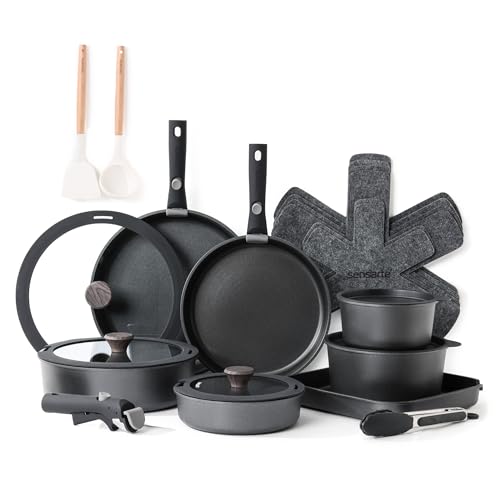 SENSARTE 24 Teiliges Topfset, Pfannenset Antihaft Kochgeschirr mit Abnehmbarem Griff*3, Topfset Induktion Geschirrspüler und Backofenfest, Gesundes Antihaft Wohnmobil Kochgeschirr (Schwarz)