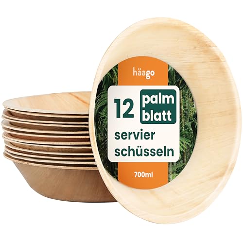 HAAGO 12 große Palmblattschalen (700ml, rund) Kompostierbar & Einweg - Umweltfreundliches Picknick- & Outdoor-Geschirr - Gefrierschrank- & mikrowellengeeignet (Rund 20 x 4 cm / 700 ml, 12)