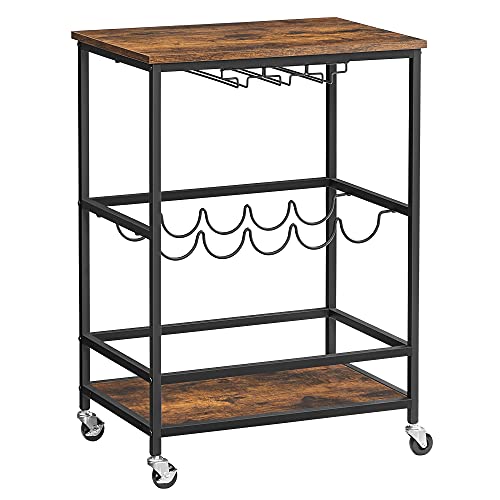 VASAGLE Servierwagen, Barwagen, Weinregal auf Rollen, Küchenwagen, Weinglashalter, Flaschenhalter, 40 x 60 x 82 cm, Industrie-Design, vintagebraun-schwarz LRC087B01