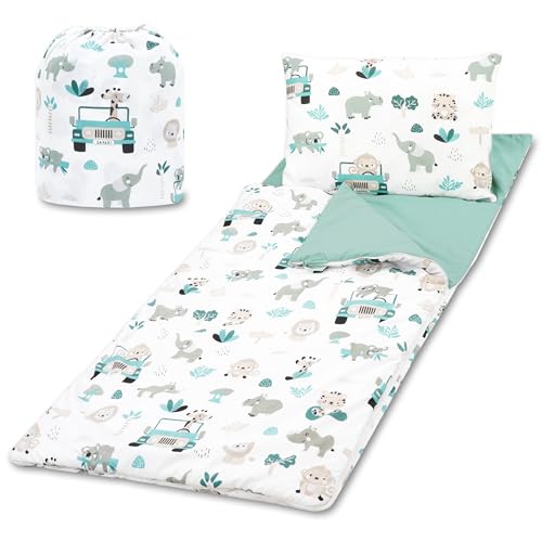 Schlafsack Kinder mit Kissen und Reißverschluss für Baby 3-7 Jahre - 140 x 75 cm Kinderschlafsack Indoor für Kindertagesstätte Kindergarten Deckenschlafsack Salbeifarbe