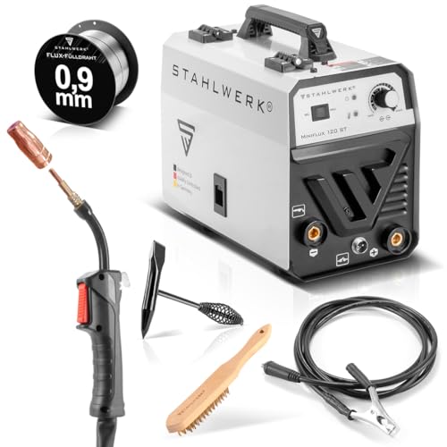 STAHLWERK Mini FLUX 120 ST Fülldraht Schweißgerät mit synergischem Drahtvorschub und ARC | MMA-Funktion für 0,6 | 0,8 | 0,9 | 1,0 mm Schweißdraht, kompakter Inverter mit echten 120 Ampere
