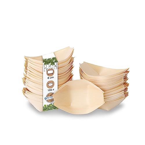 BIOZOYG 100 Stück Buffet Zubehör Snackschalen Holz 8 cm - Alternative für Bambus Teller Einweg naturbelassen - Einweggeschirr modern - Catering-Zubehör Holzschalen