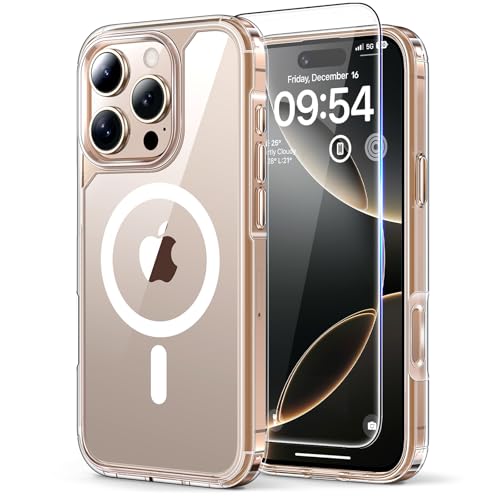 TAURI 3 in 1 für iPhone 16 Pro Hülle 6,3" mit 2 Stück Panzerglas Schutzfolie, Kompatibel mit MagSafe, Schutz nach Militärstandard, [Anti-Vergilbung] Stoßfest Magnetisch Handyhülle - Durchsichtig