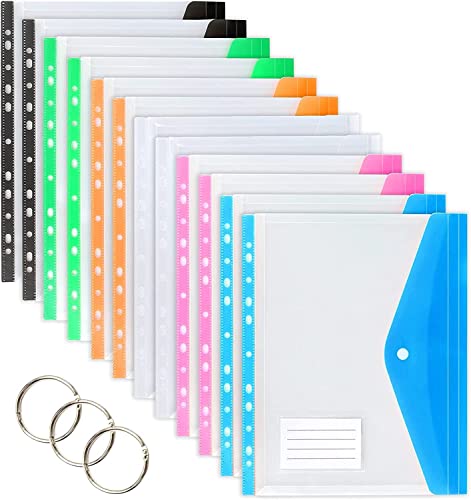TOOELMON Dokumententasche A4, 12 Stück Transparent Dokumentenmappe A4 zum Abheften, Erweiterbare Wasserdicht Dokumenten Mappen Abheftbar mit Druckknopf, 6 Farben