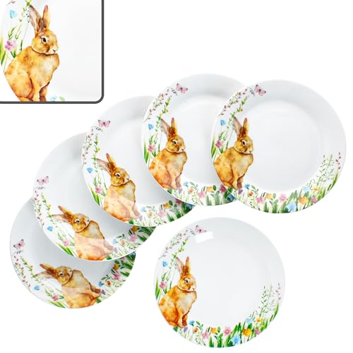 MamboCat 6er Set Osterfreude Kuchenteller I Ø 19,4cm I frühlingshafte Porzellan-Frühstücksteller mit Osterhasen-Dekor für 6 Personen I kleine Teller für Salat, Dessert, Fingerfood & Co.