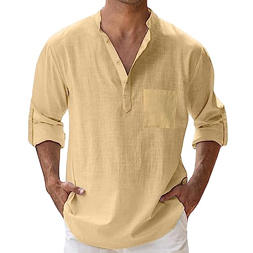 Leinenhemd Herren Hemd Langarm Baumwolle Leinen Sommerhemd Button-Down Freizeithemd Regular Fit Henley Shirts Leichtes Herrenhemden mit Brusttasche