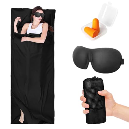 YANGUN Hüttenschlafsack, 2 In1 Schlafsack Ultraleicht Mit Schlafende Augenmaske Und Ohrstöpsel, Schlafsack Baumwolle Mit L-förmigem Reißverschluss, Für Rucksackreise, Hotels Und Camping(90 x 220cm)