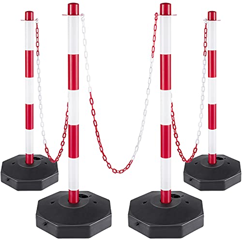 VEVOR Set von 4 Absperrpfosten und 1 Kunststoff-Kette von 10 m Rot und Weiß, Sperrpfosten, Poller Aus PE-Kunststoff für die Verkehrskontrolle oder Warnung an der Auffahrt, Garage, dem Tor usw. Rot