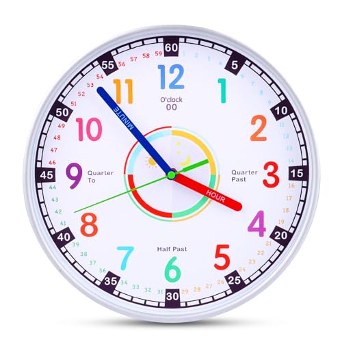 MXTIMWAN Kinderwanduhr ohne Tickgeräusche, analoge Kinderuhr zum Lernen der Uhrzeit, Bunte Lernuhr für Jungen und Mädchen, für Kinderzimmer, Küche, Wohnzimmer, Schlafzimmer, Büro