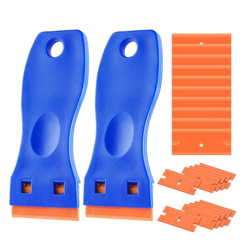Zanch 2 Stück mini Kunststoff Schaber mit 20 Kunststoff klingen, Plastikspachtel, Plastik schaber für Klebereste Entferner, klebstoffentferner, Ceranfeld, Glas und Edelstahl, Blau