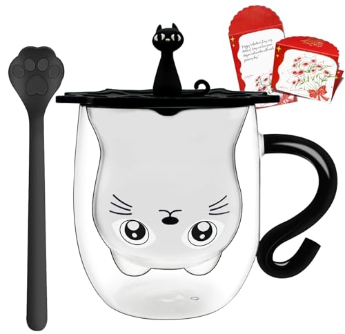 Afitdon Süße Katzenbecher Tasse Doppelwandige, Süße Katzenmotiven Tassen mit Segenskarte, Löffel & Becherdeckel, Geschenk für katzenliebhaber 280 ml für Cappuccino, Latte Macchiato, Tee, EIS und Milch