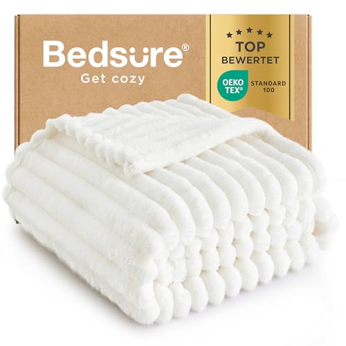 BEDSURE Kuscheldecke Flauschig - Wolldecke & Fleecedecke, Sofadecke, Weiche Warme Grobe Korddecke für Zimmer Deko, Wohn- & Kuscheldecken, Tagesdecke, Wollweiß, 150 x 200 cm