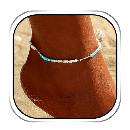 Handcess Boho Fußkettchen Silber Türkis Fußkettchen Bunte Perlen Fußketten für Frauen und Mädchen