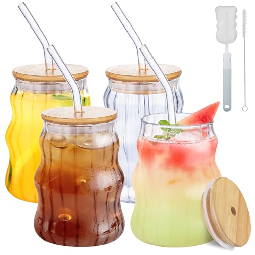 Anhow 4er Gerippte Trinkgläser, 500ml Cocktail Gläser Longdrinkgläser mit Deckel/ 4 Glasstrohhalmen für Wasser, Cocktails, Saft - Transparent