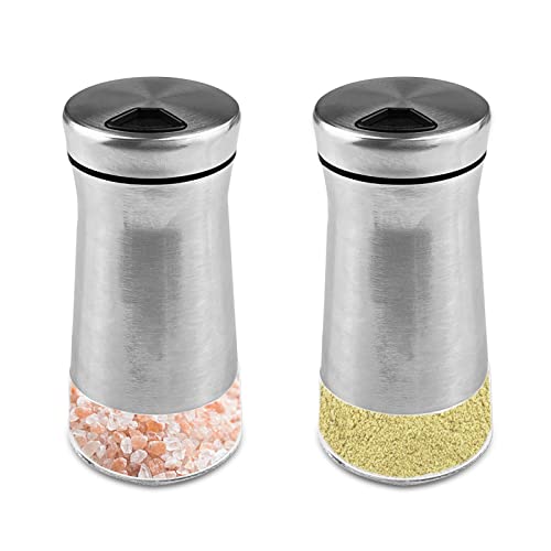 Relota 2 stück 120ml Gewürzgläser, Poröse Gewürzdosen Glas mit Drehbare Abdeckung aus Edelstahl, Gewürzstreuer Transparent mit 3 Arten von Gewürzlöchern für Salz, Pfeffer, Chillischoten