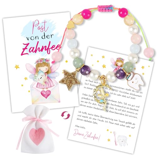 Zahnfee Geschenke Mädchen Armband Zahnfee Postkarte Perlenarmband Milchzahn Überraschung Geschenke Bunt Armbänder zum Einschlung Geburtstag Taufe Weihnachten Mutmacher für Tochter Nichte Patenkind