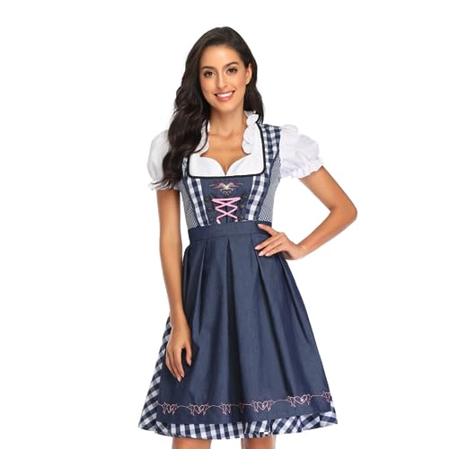 Odizli Dirndl Damen Midi Kurzarm Weiß Blusen Dirndlbluse Trachtenbluse + Schürze Dirndlschürze + Knielang Trachtenrock Maid Outfit Kurz Trachtenkleid Oktoberfest Kleidung Grosse Grössen Denim Blau L