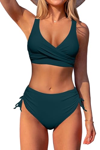 Beachsissi Damen Cross Back Badeanzüge Leopard Twist Front Bademode Kordelzug Side Bikini Sets, Blaugrün, L