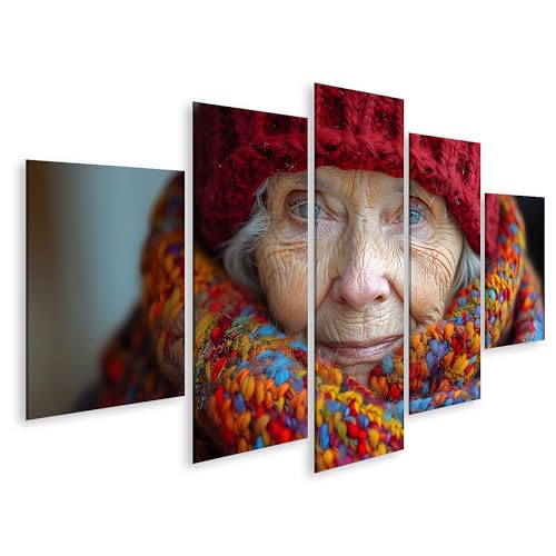 islandburner Bild auf Leinwand Elegante Seniorin mit rotem Hut und Schal in stilvollem Wandbild dargestellt Wohnzimmer Damenmodegeschäft Wandbilder Bilder