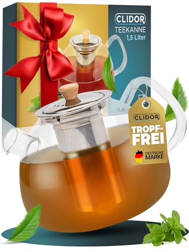 CLIDOR ® Teekanne mit Siebeinsatz I 1,5 Liter I verstärkte Glasstärke für bessere Isolierung I Teekanne mit Stövchen nutzbar I Glasteekanne I Thermo Teezubereiter I robuster Teapot I Teebereiter