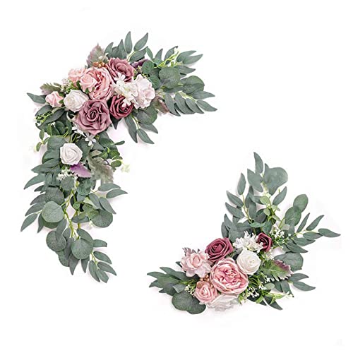 SLDHFE Künstliches Hochzeitsbogen-Blumen-Set, 2 Stück, künstliche Rosen-Blumen-Swag, dekorative Girlande mit Rosen-Pfingstrose, Eukalyptus-Blättern, künstliche Blumen-Girlande mit Bändern