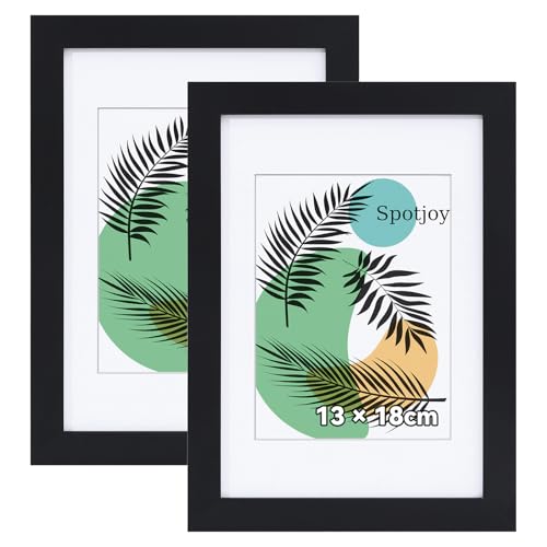 Spotjoy Bilderrahmen 13 x 18cm, 2er Set, MDF-Rahmen Holzrahmen mit Acrylglas Fotorahmen für Tisch- und Wandmontage Echtholz Passepartout Dokumentenrahmen Zertifikatsrahmen, Schwarz