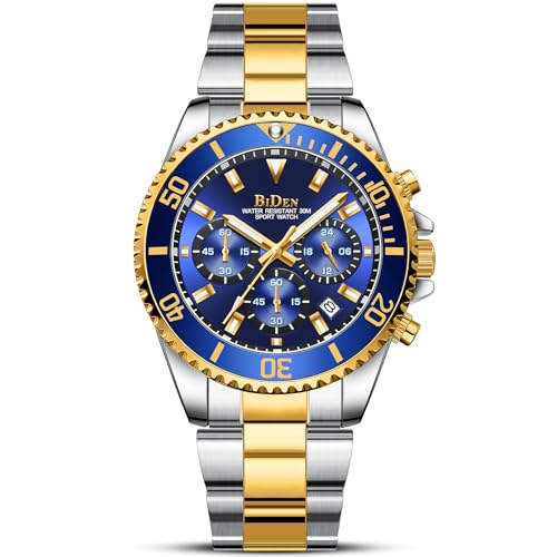 HANPOSH Herren Uhr Uhren Herren Chronographen Edelstahl Wasserdicht Armbanduhr Herren Quarz Uhren mit Datum Business Casual Uhr für Männer (A01-Silber Gold Blau)
