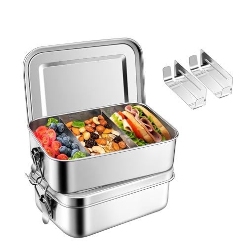 Homikit Brotdose mit Fächern, 2 Stück Edelstahl Bento Box Lunchbox für Kinder & Erwachsene, Lunch Box Brotzeitdose mit Abnehmbar Trennwand, Auslaufsicher & Dichtungsring, 850ml+850ml