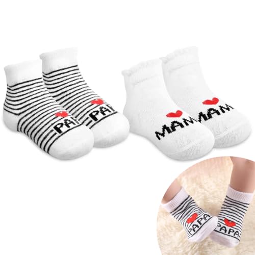 Baby Baumwollsocken, 2 Paar Süße Socken Ich Liebe Mama + Ich Liebe Papa, Baumwolle Anti Rutsch Socken, Baby Geschenke zur Geburt, für Werdende Eltern Kleinkind Jungen Mädchen, mehrfarbig