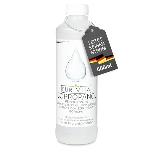 PURIVITA® Isopropanol 99,9% [500ML] - Reinigungsalkohol Isopropanol - Reiner Alkohol zum Reinigen von Haushalt & Industrie - Isopropylalkohol - Desinfektionsmittel Reiner Alkohol - Ethylalkohol