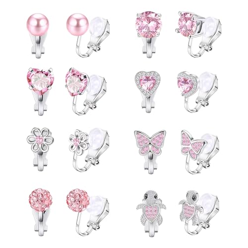 8 Paar Ohrclips für Mädchen und Kinder - Hypoallergene Clip Ohrringe Ohne Ohrloch - Rosa Schmuck für Kinder